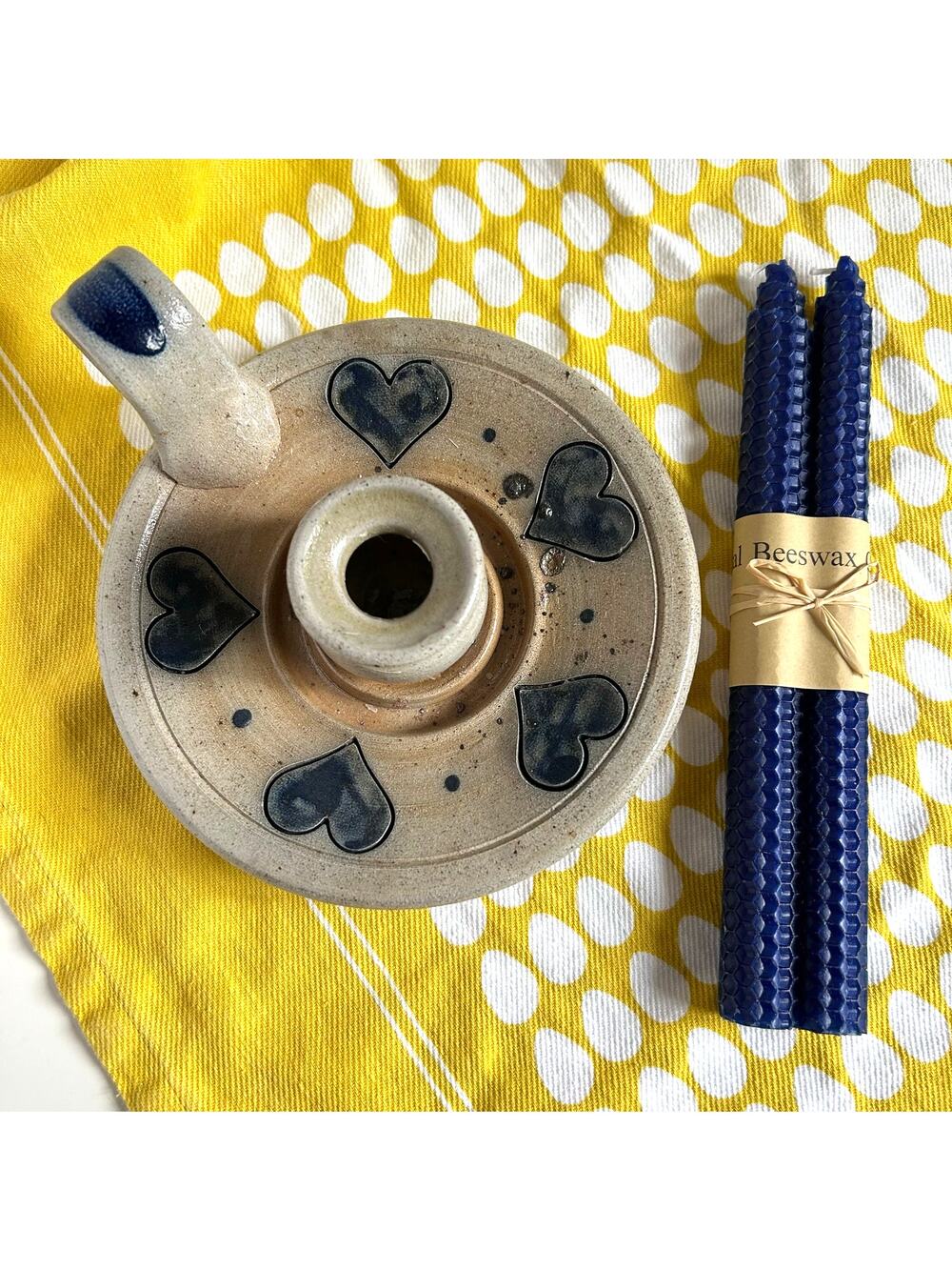 Rowe Pottery Chamber Candle Holder Blue Hearts and Beeswax Candles Countrycore